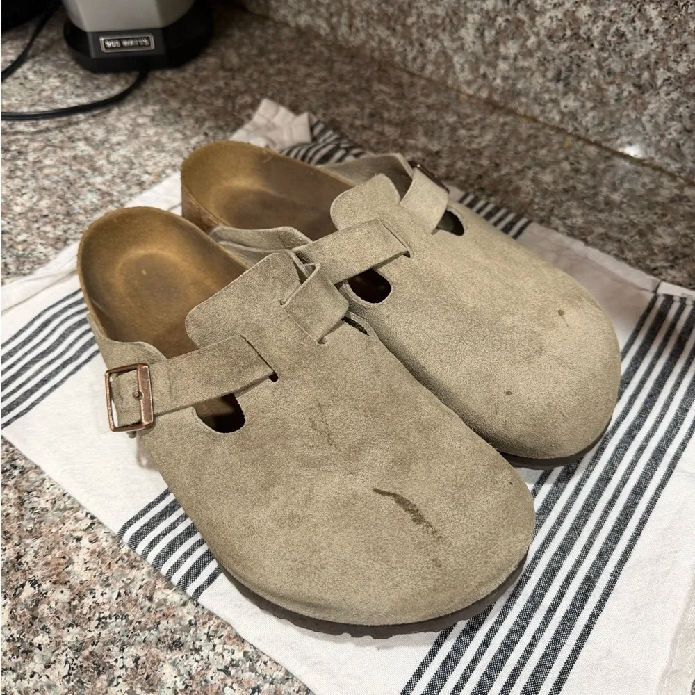 Birkenstock Beige Suede Boston Clogs with Buckle